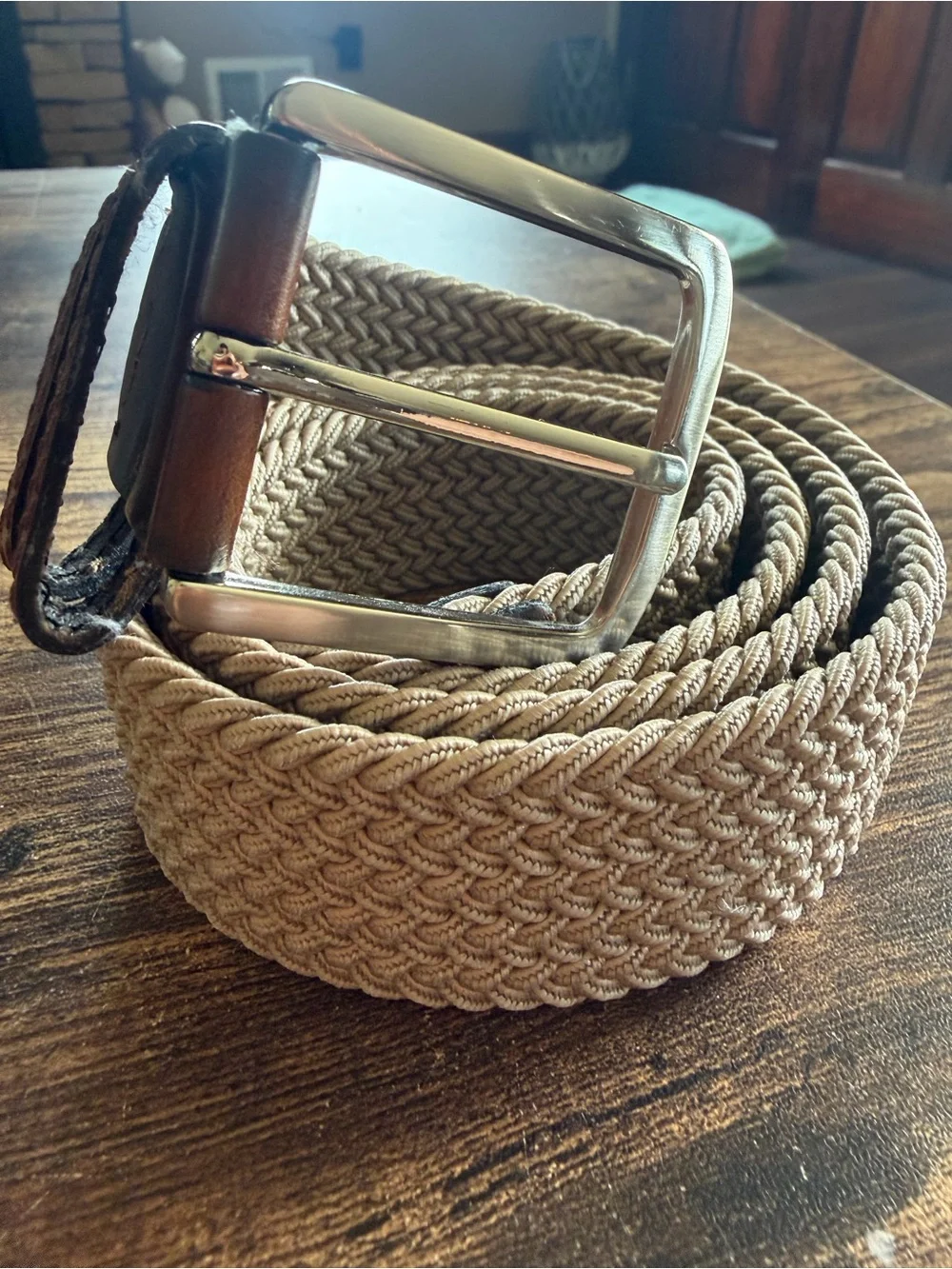 Dockers Woven Braided Stretch Belt in Beige with Silver Buckle